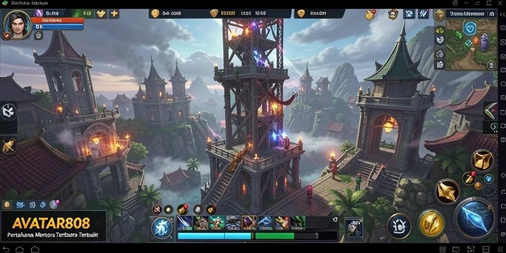 Tampilan utama gameplay AVATAR808 dengan menara pertahanan yang strategis.