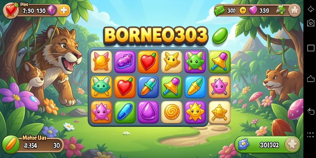 Screenshot gameplay Match-3 BORNEO303 yang menarik dan berwarna.