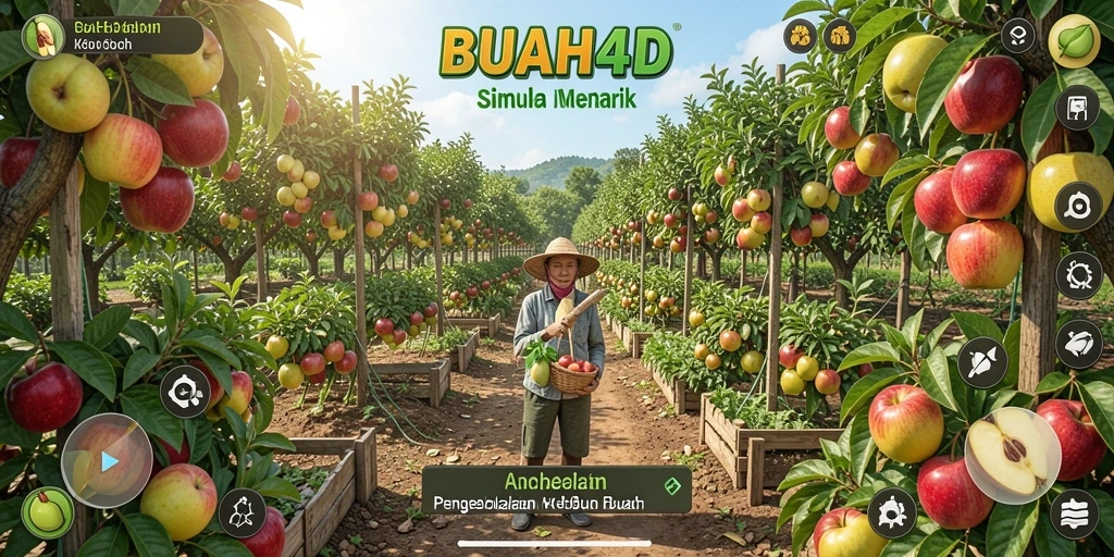 Tampilan menakjubkan dari gameplay BUAH4D yang menggambarkan kebun buah.